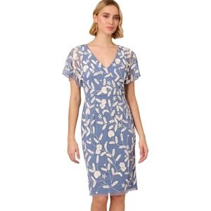 Adrianna Papell Women's Blue Floral Beaded Mesh‎ Dress